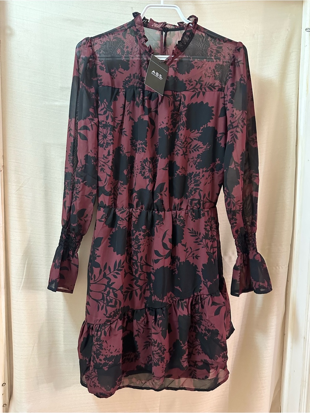 A.B.S Collection Burgundy Floral Sheer Ruffle Mini Dress NWT Small